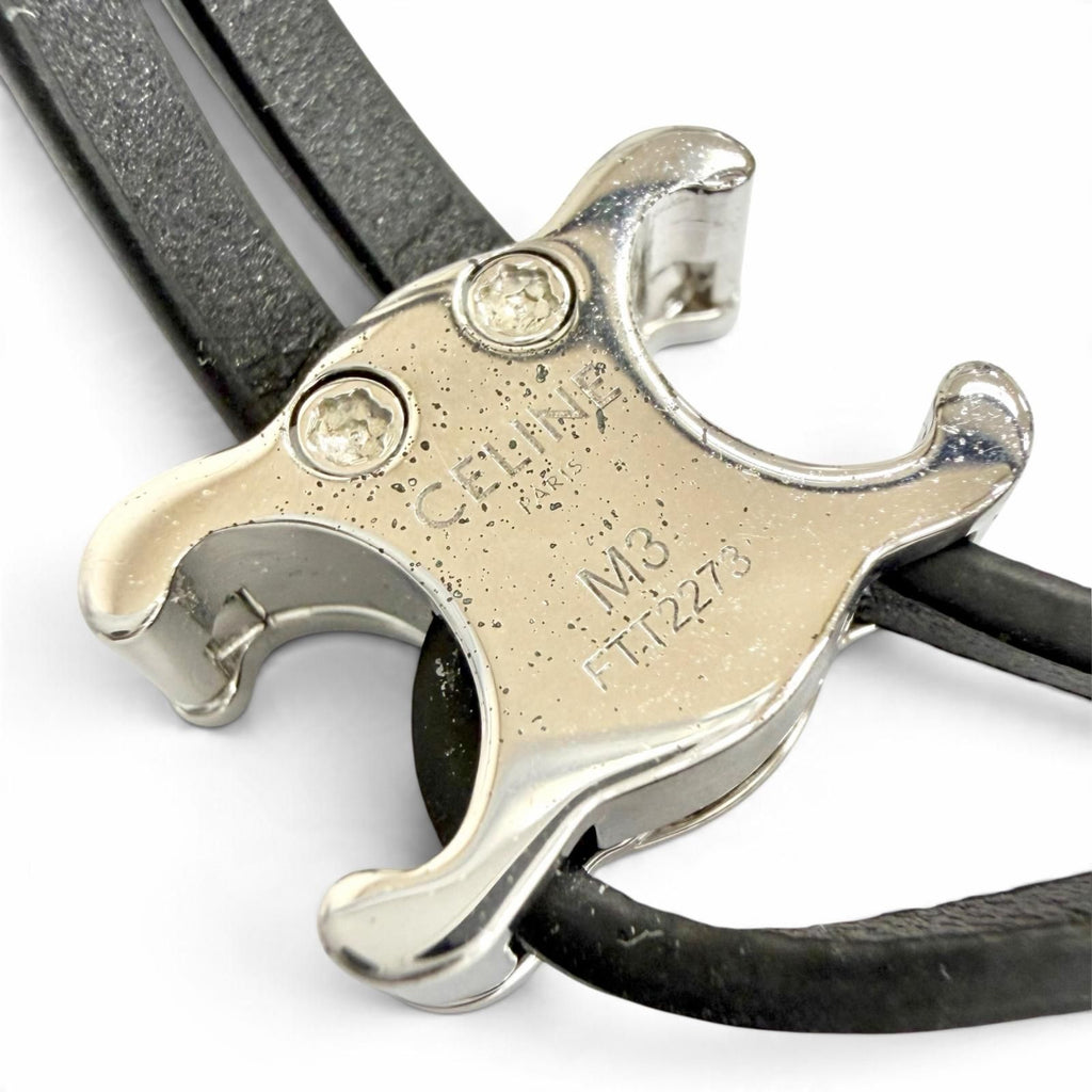 Celine Triomphe Studded Clasp Leather Bangle Bracelet Black Silver — view 8