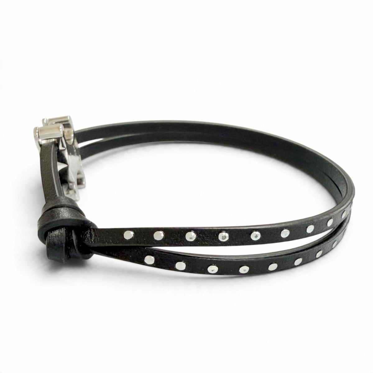 Celine Triomphe Studded Clasp Leather Bangle Bracelet Black Silver — view 3