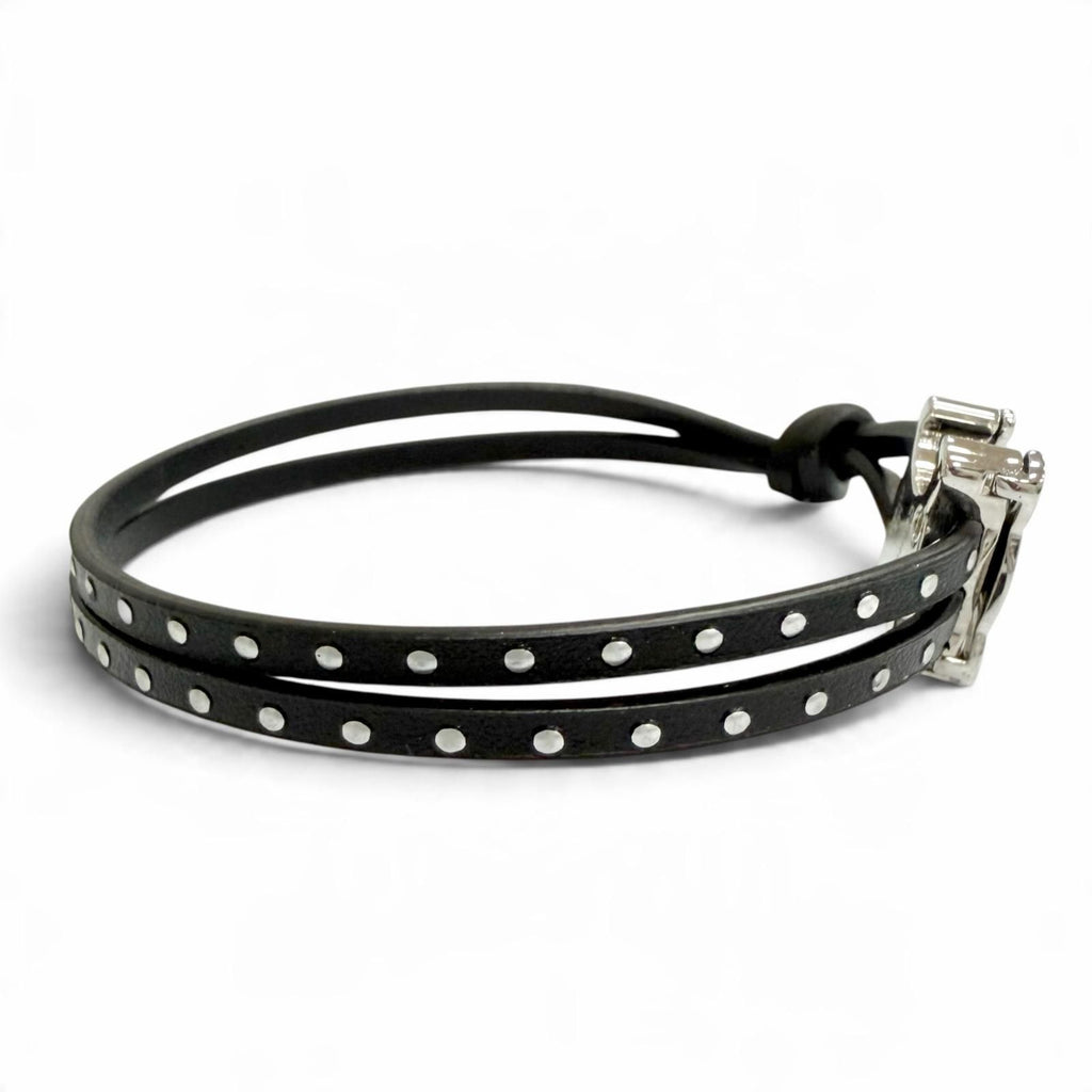 Celine Triomphe Studded Clasp Leather Bangle Bracelet Black Silver — view 4
