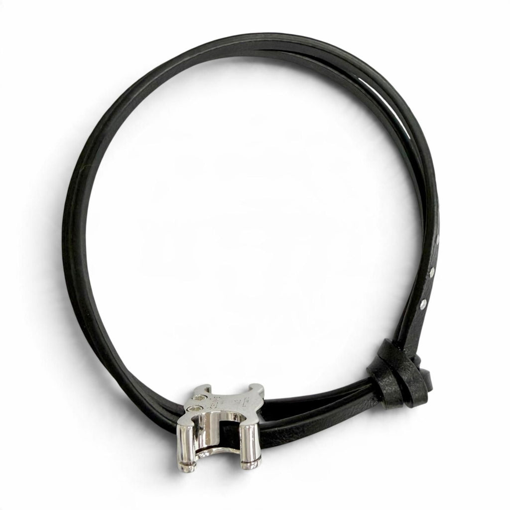 Celine Triomphe Studded Clasp Leather Bangle Bracelet Black Silver — view 6