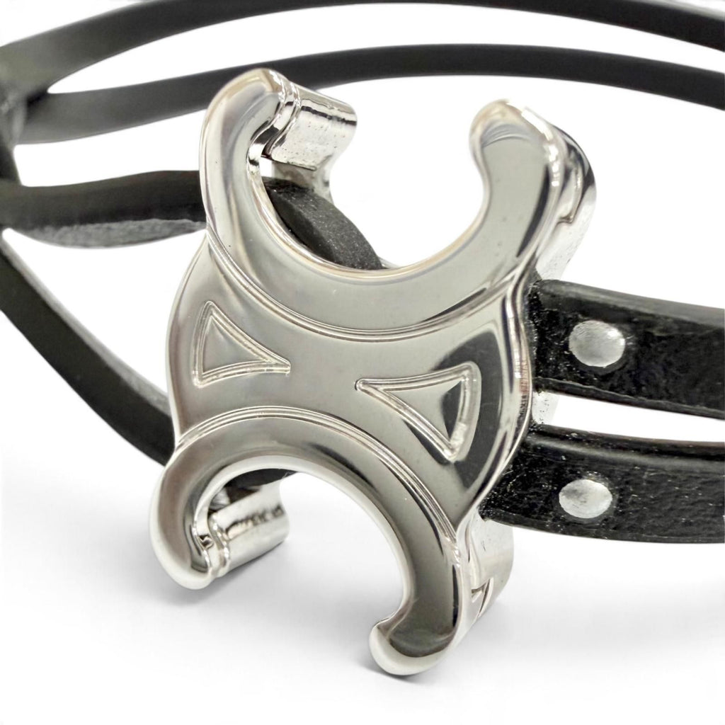 Celine Triomphe Studded Clasp Leather Bangle Bracelet Black Silver — view 7