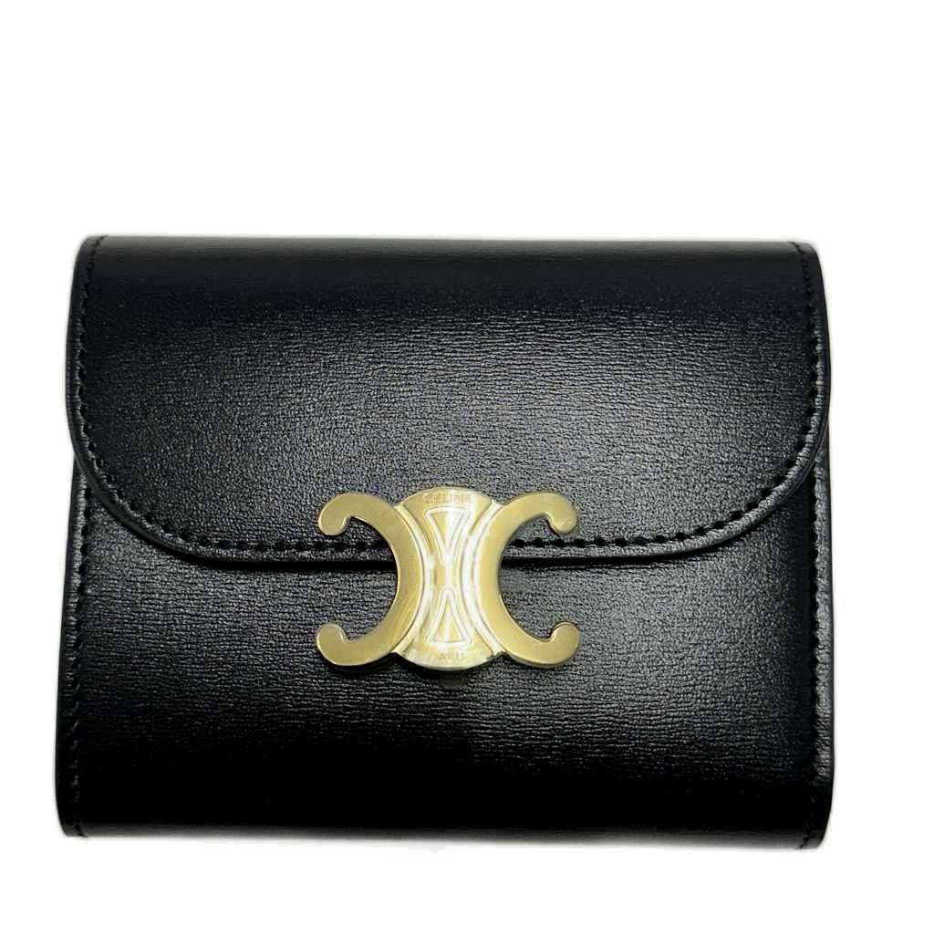 Celine Small Flap Wallet Triomphe Shiny Calfskin Trifold Black