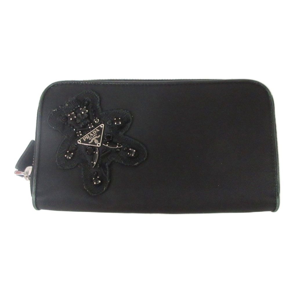 Prada Wallet Zip Closure Logo Triangle Plate Bijou Bear Black