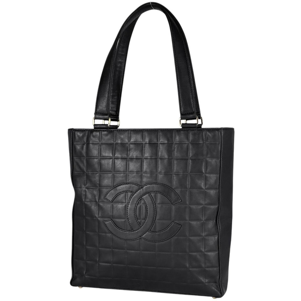 Chanel Tote Bag CC Logo Choco Bar Leather Black