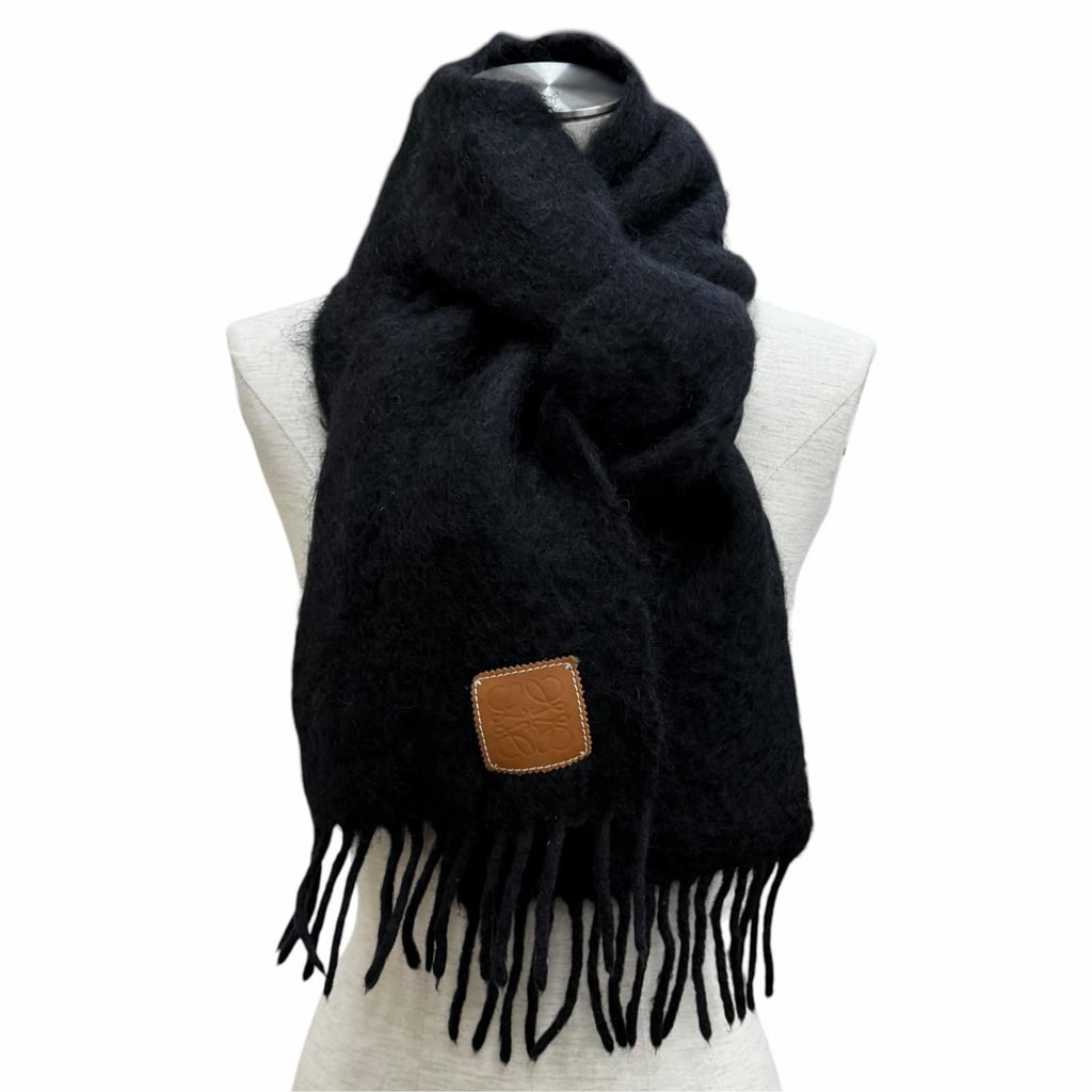 Loewe Mohair Wool Blend Leather Anagram Patch Fringe Scarf Black — view 3