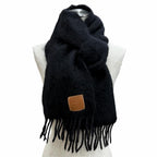 Loewe Mohair Wool Blend Leather Anagram Patch Fringe Scarf Black — view 3