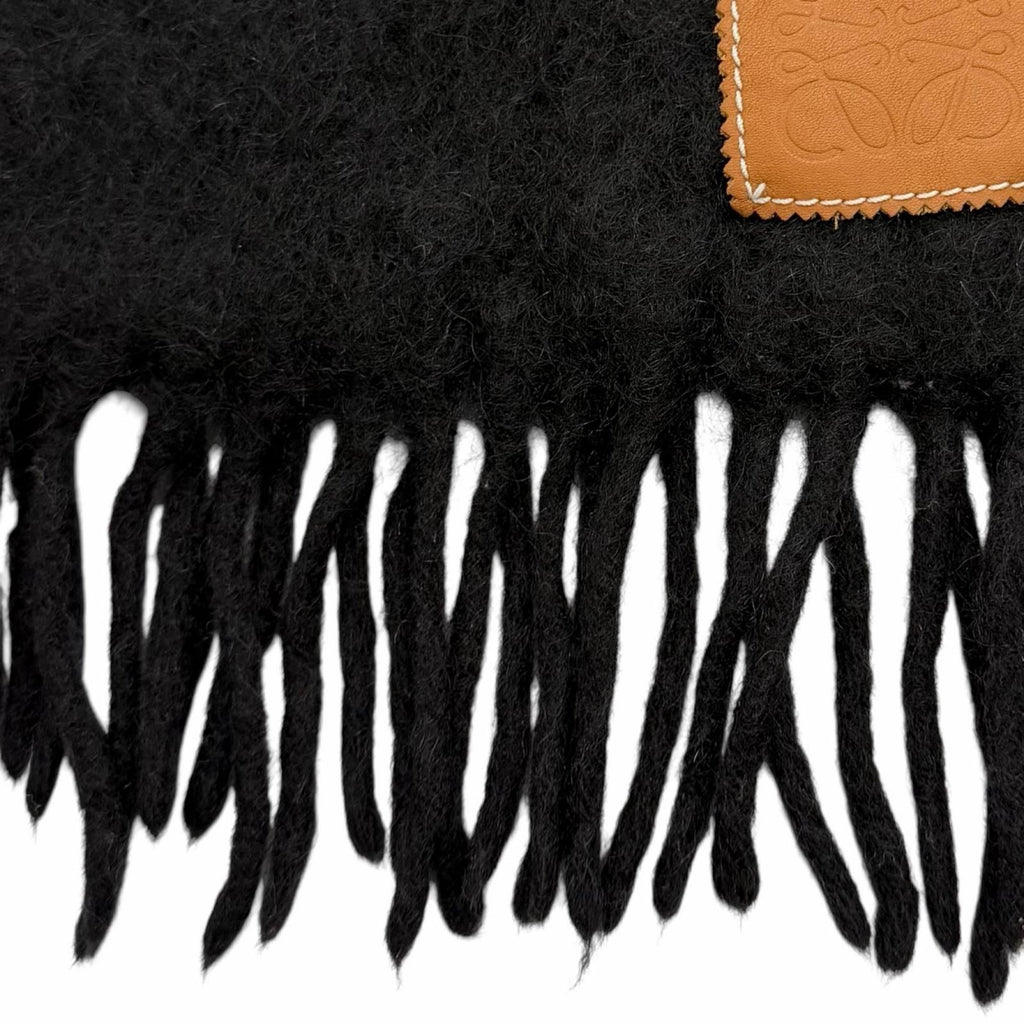 Loewe Mohair Wool Blend Leather Anagram Patch Fringe Scarf Black — view 6