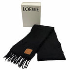 Loewe Mohair Wool Blend Leather Anagram Patch Fringe Scarf Black — view 2