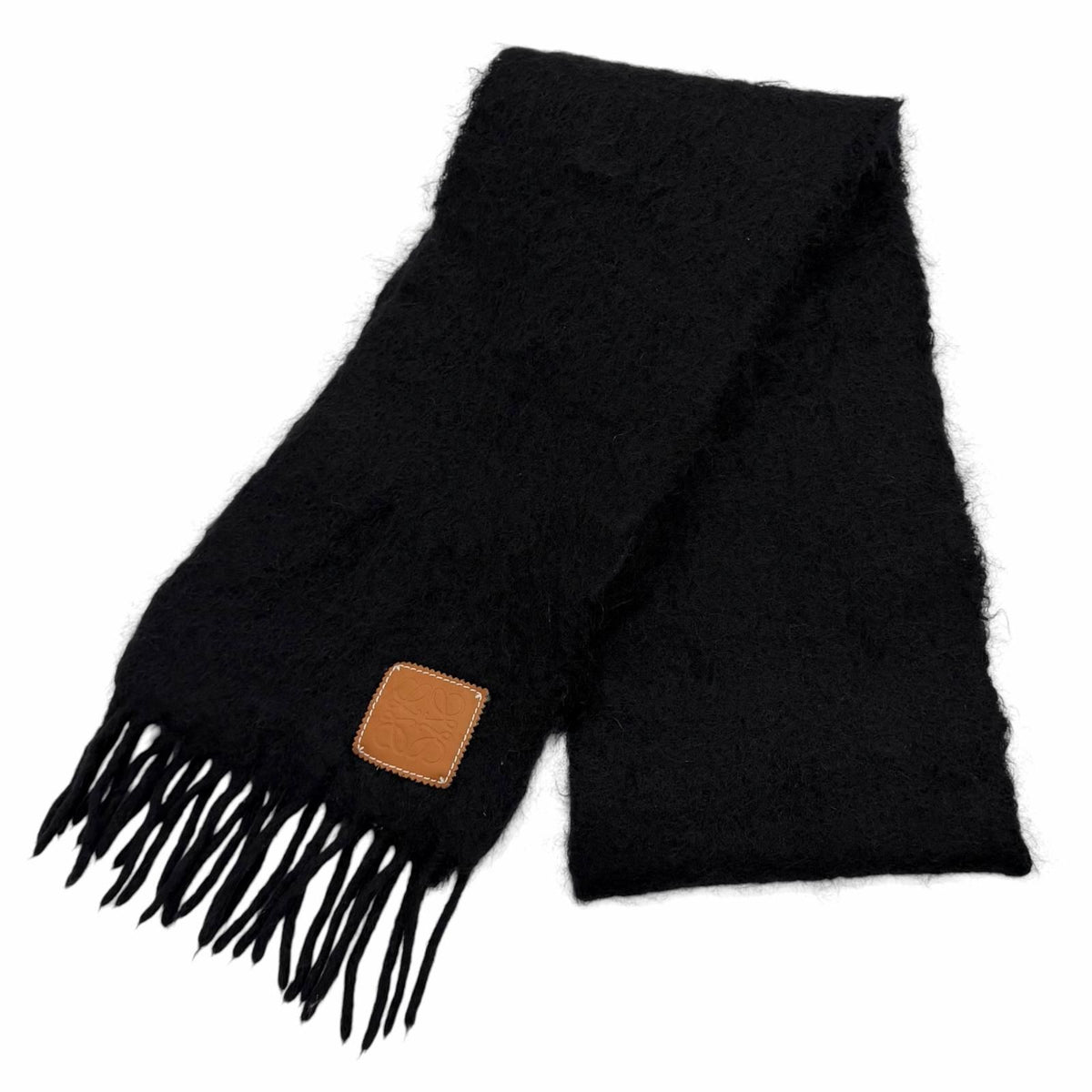 Loewe Mohair Wool Blend Leather Anagram Patch Fringe Scarf Black