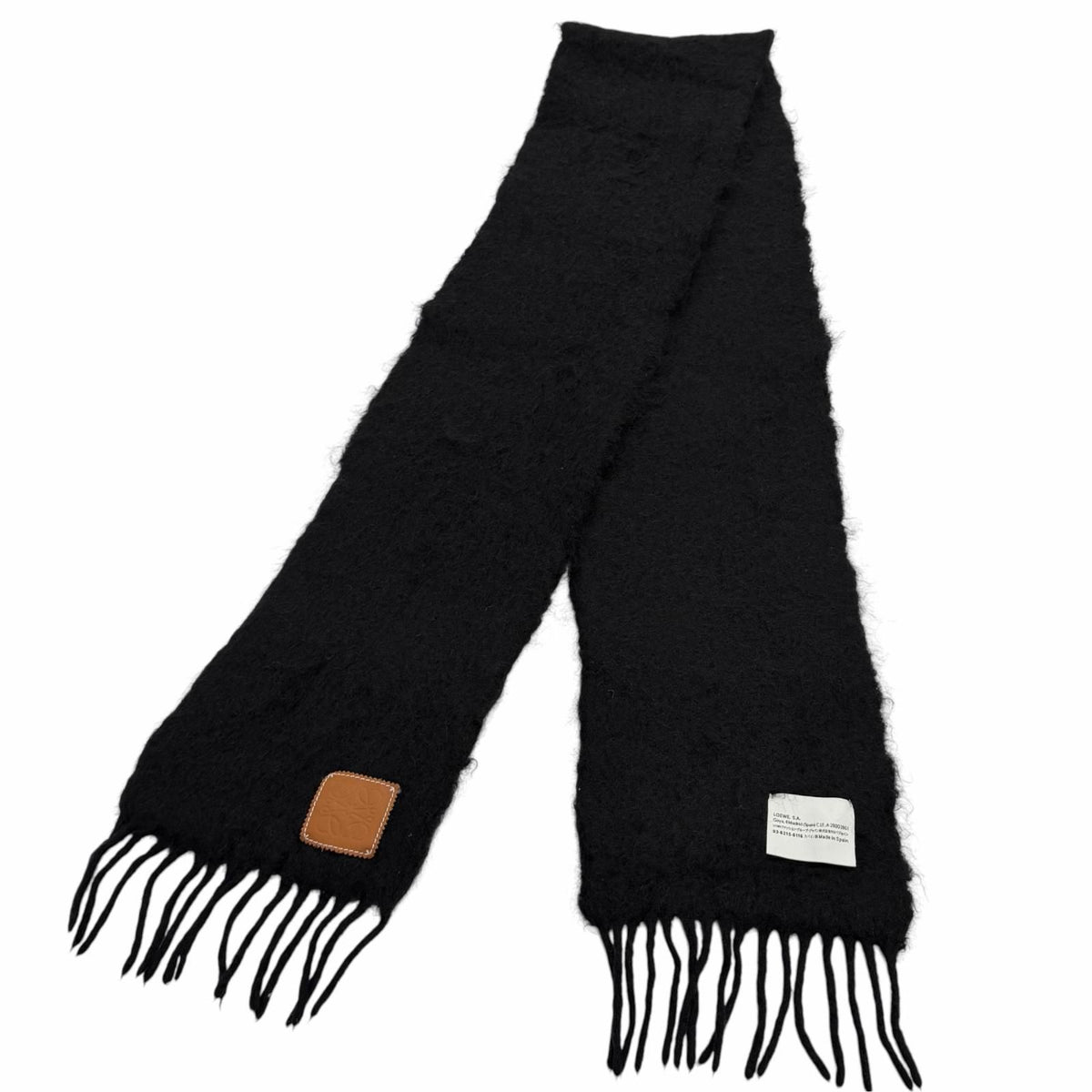 Loewe Mohair Wool Blend Leather Anagram Patch Fringe Scarf Black — view 4