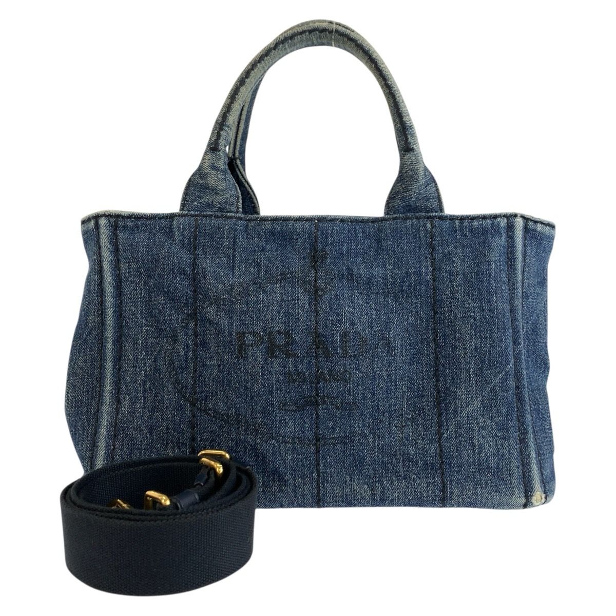 Prada Canapa Blue Gold Denim Tote Shoulder Bag 2-Way