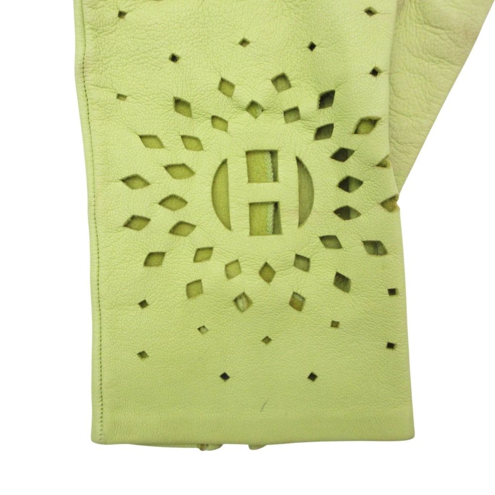 Hermes Gloves Lambskin Cutwork H Logo Perforated Light Green — view 5