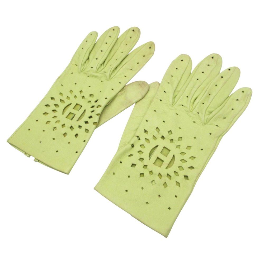 Hermes Gloves Lambskin Cutwork H Logo Perforated Light Green — view 3