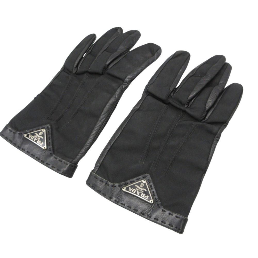 Prada Gloves Leather Nylon Triangle Logo Plate Black — view 3