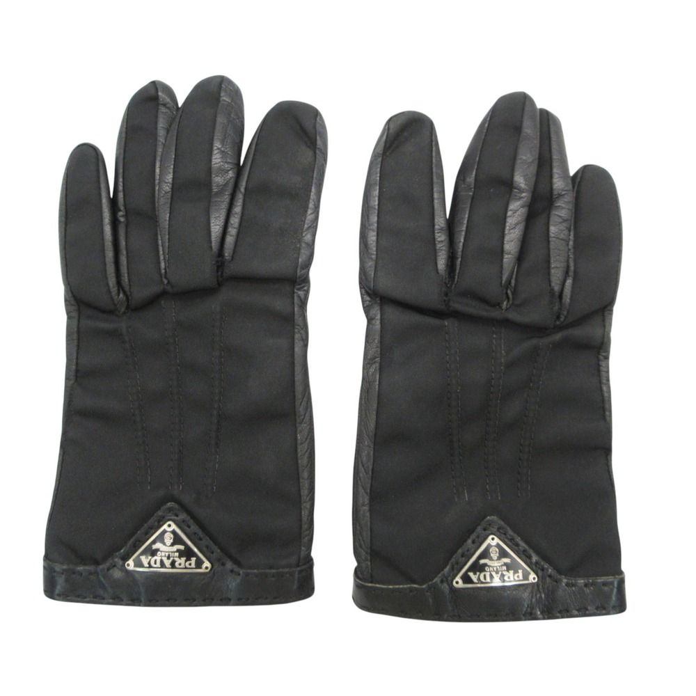 Prada Gloves Leather Nylon Triangle Logo Plate Black