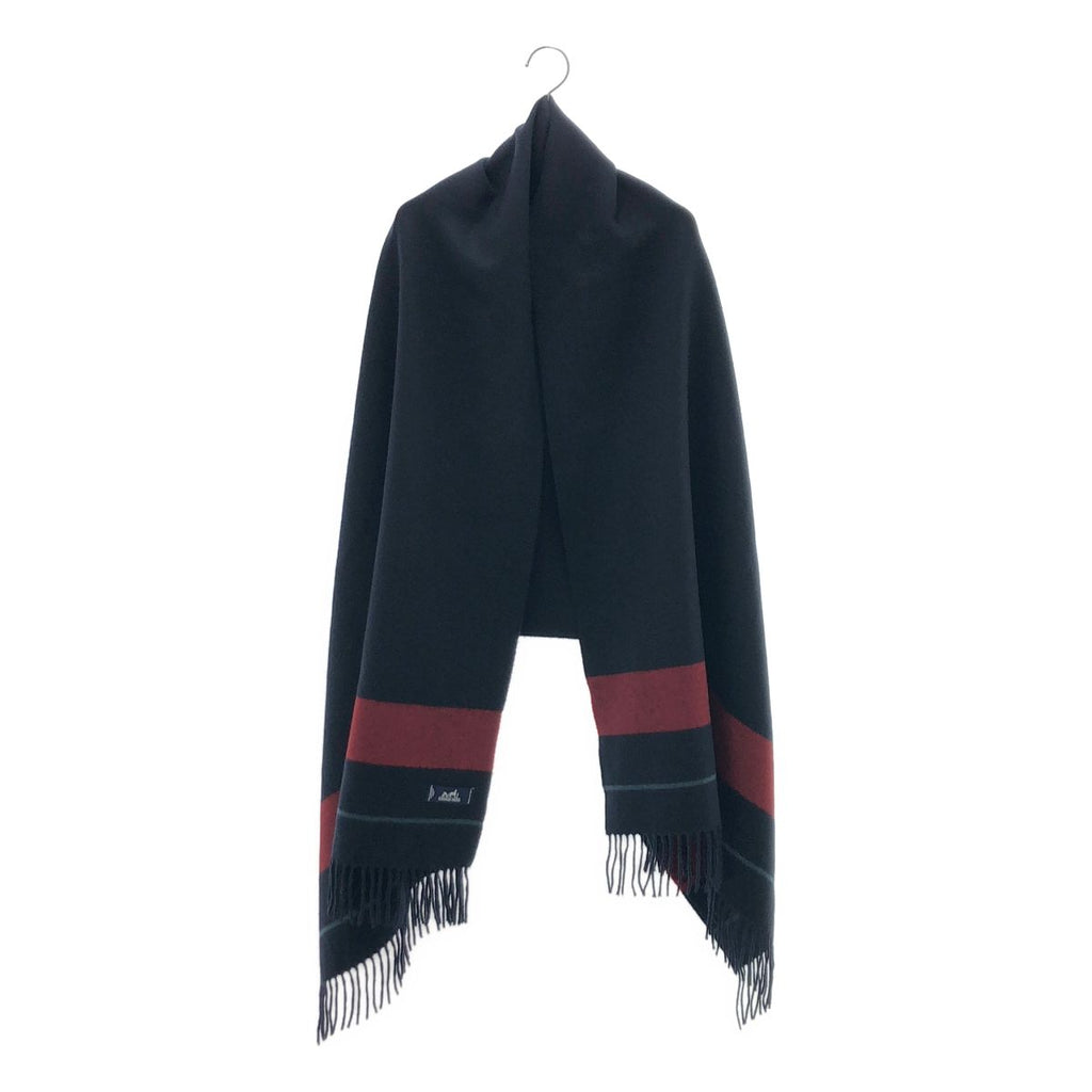 Hermes Cashmere 100% Fringe Long Shawl Navy Red Scarf
