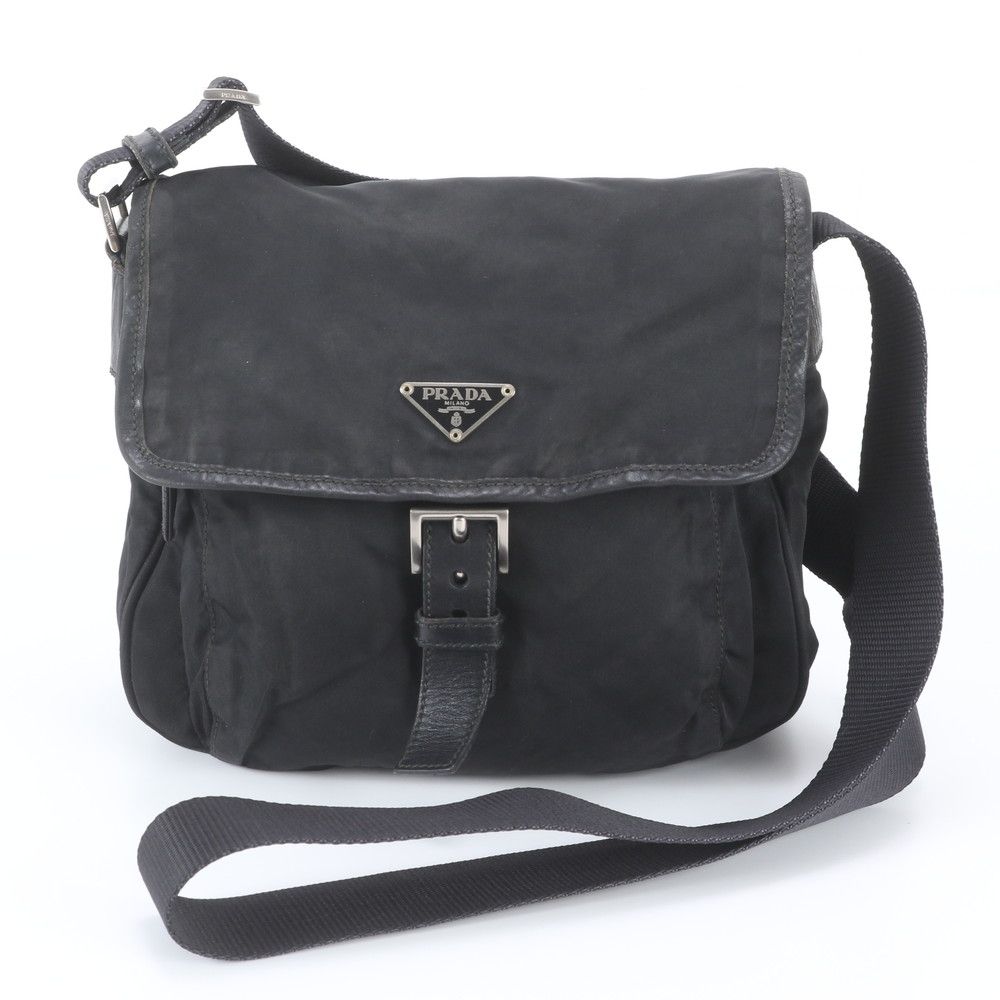 Prada Tessuto Nylon Triangle Logo Leather Shoulder Bag Crossbody Messenger Black