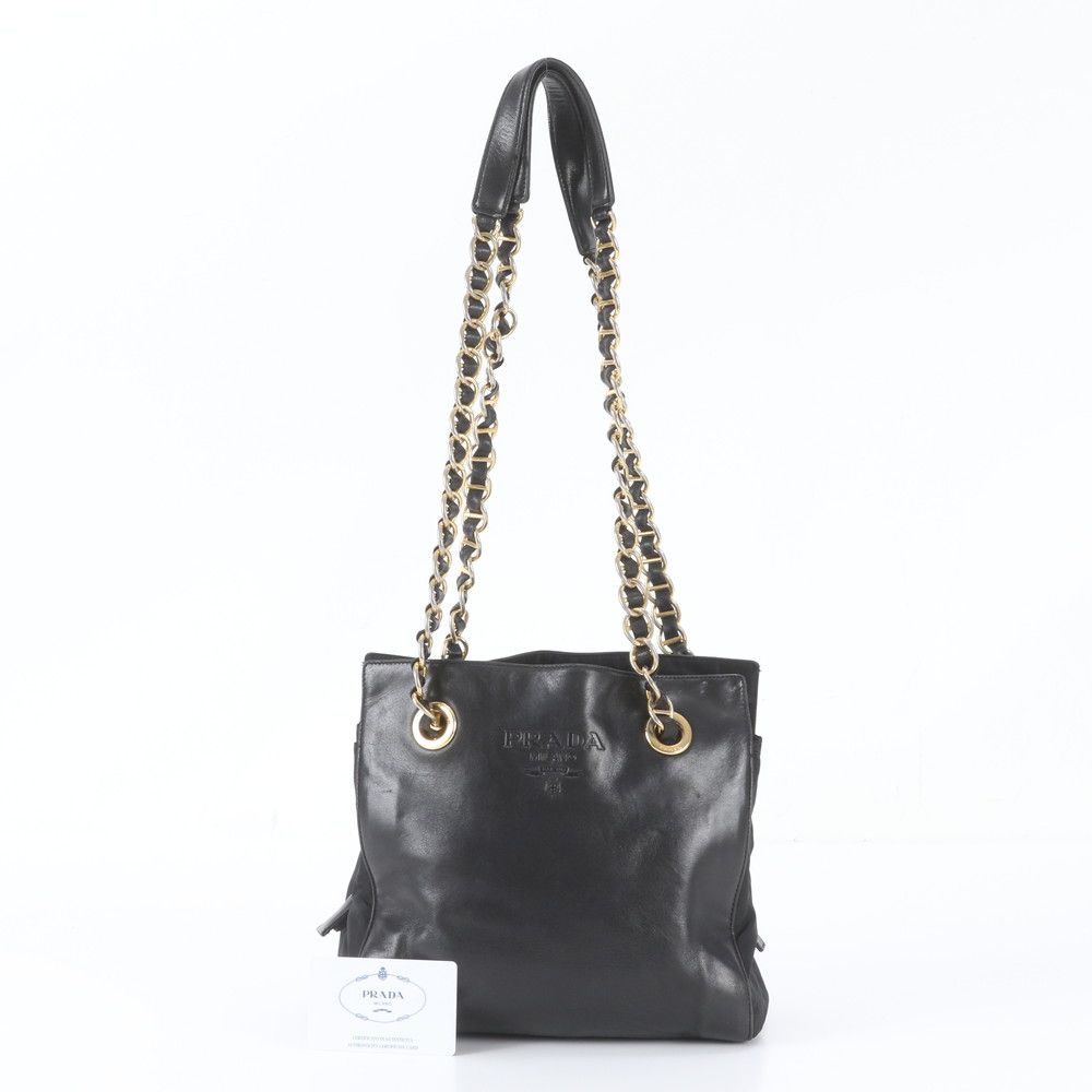 Prada Leather Chain Shoulder Bag Tote Black