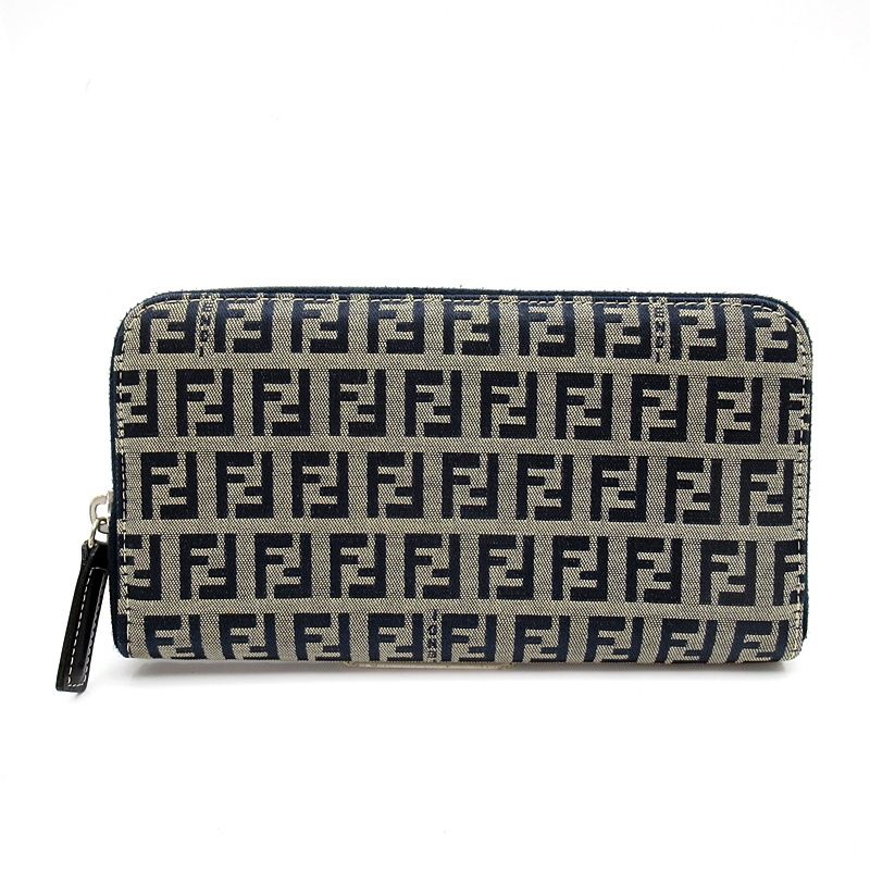Fendi Full Zipper Wallet Canvas Leather Navy Gray