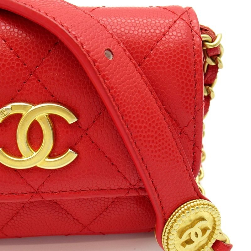 Chanel Quilted Mini Clutch Shoulder Bag Caviar Leather Red — view 3