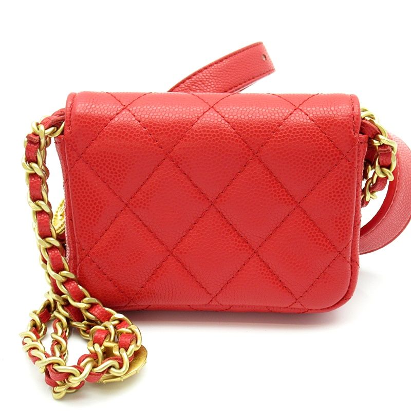 Chanel Quilted Mini Clutch Shoulder Bag Caviar Leather Red — view 5