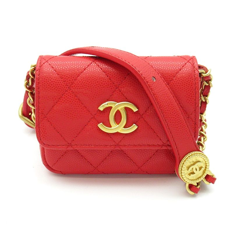 Chanel Quilted Mini Clutch Shoulder Bag Caviar Leather Red