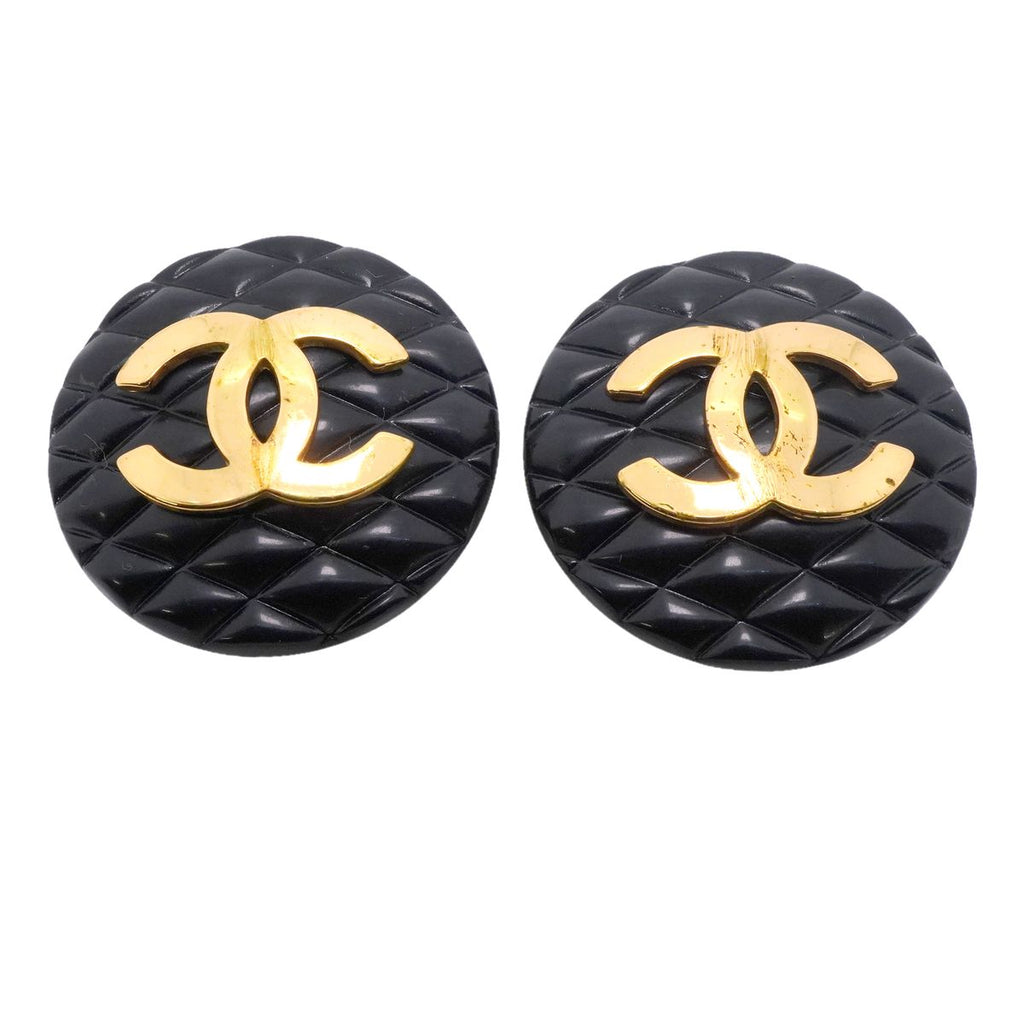 Chanel Earrings Vintage CC Logo Quilted Plastic Gold Plated Black