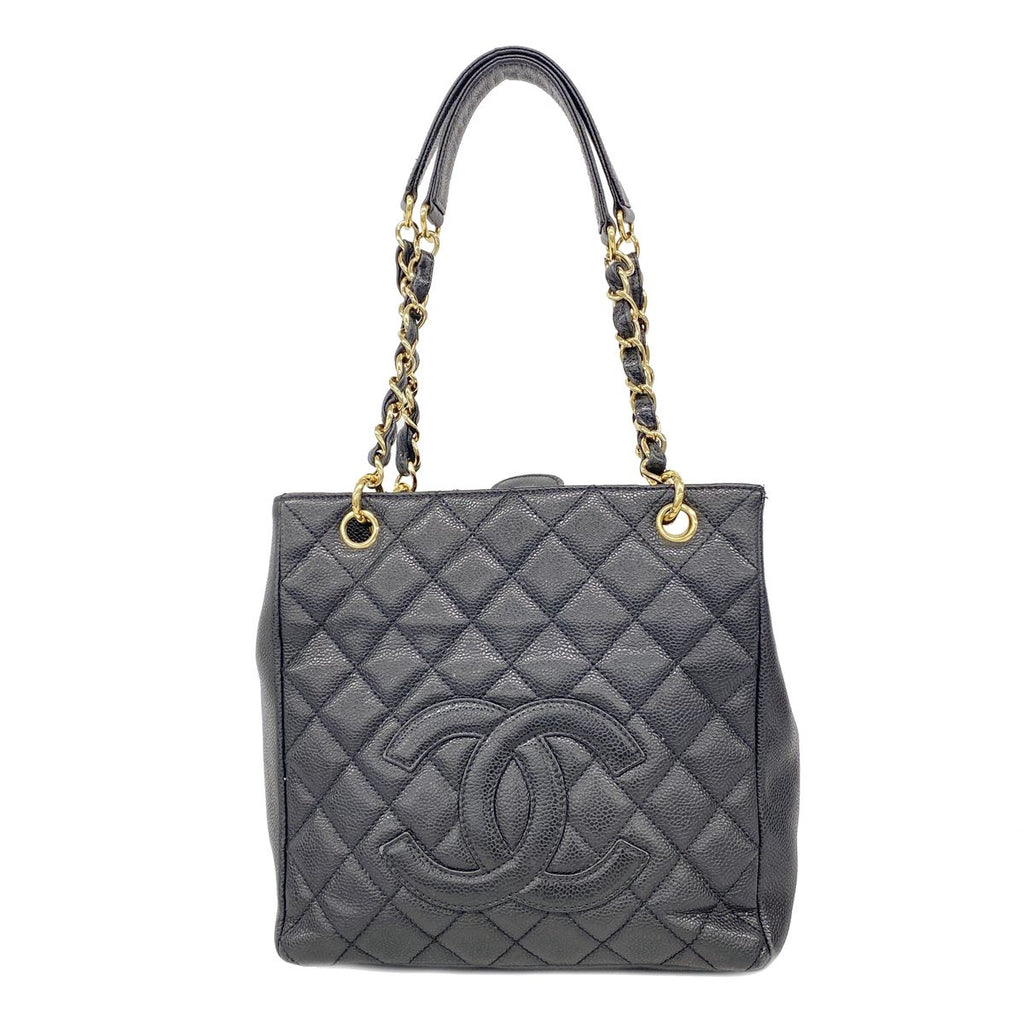 Chanel Chain Tote Bag Quilted Caviar Leather Black Gold