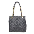 Chanel Chain Tote Bag Quilted Caviar Leather Black Gold