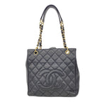 Chanel Chain Tote Bag Quilted Caviar Leather Black Gold
