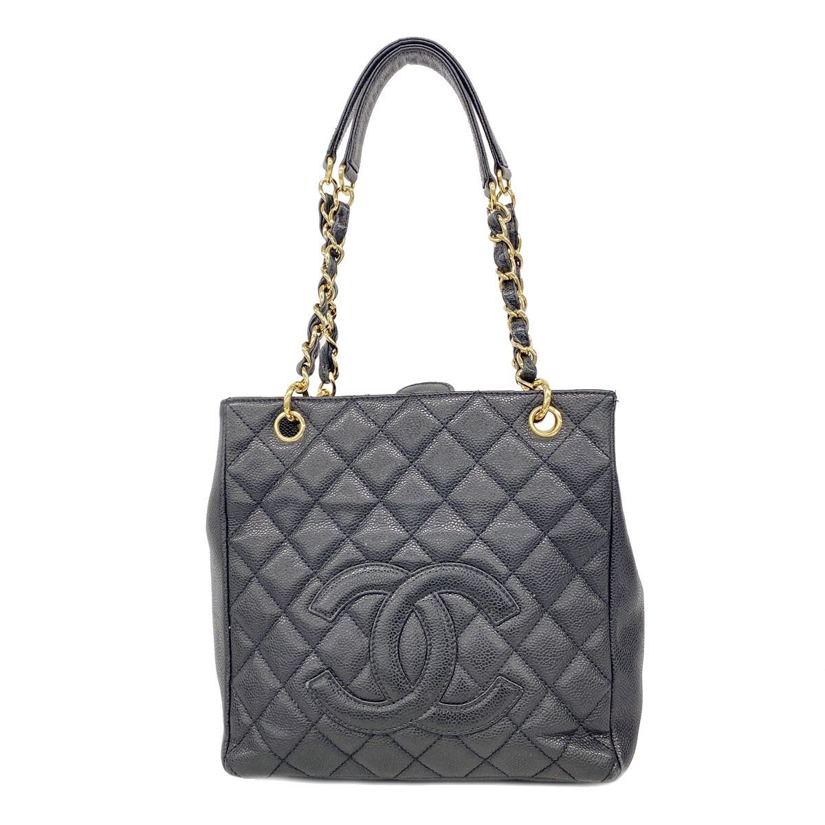 Chanel Chain Tote Bag Quilted Caviar Leather Black Gold