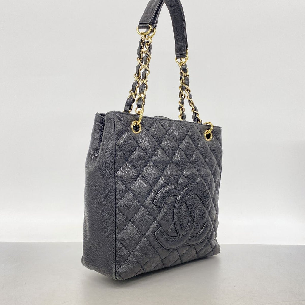 Chanel Chain Tote Bag Quilted Caviar Leather Black Gold — view 2