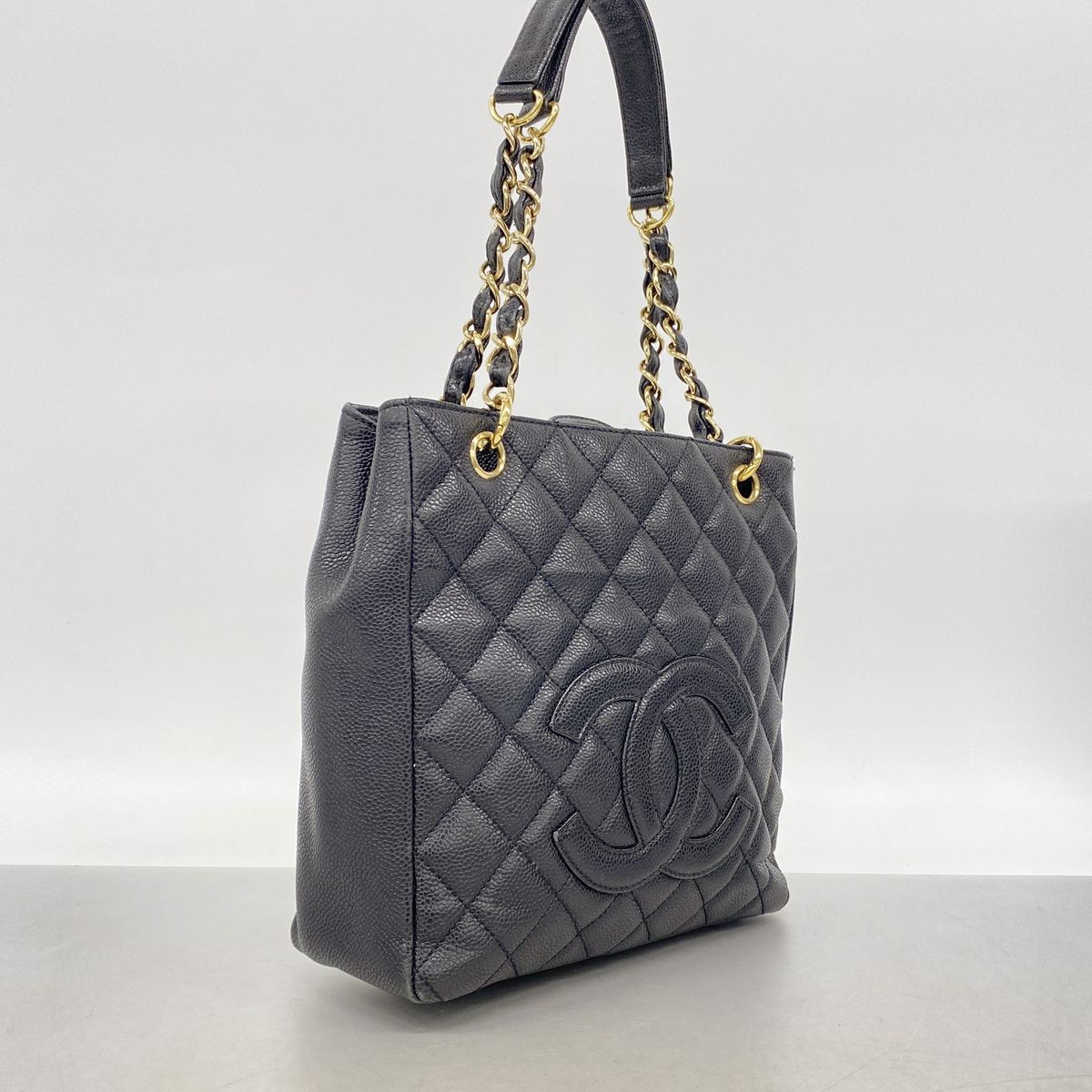 Chanel Chain Tote Bag Quilted Caviar Leather Black Gold — view 2