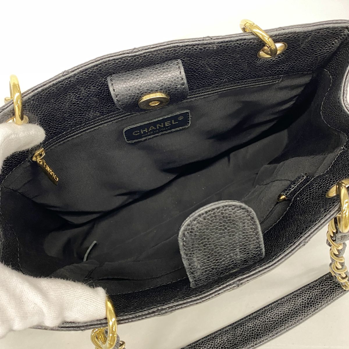 Chanel Chain Tote Bag Quilted Caviar Leather Black Gold — view 4