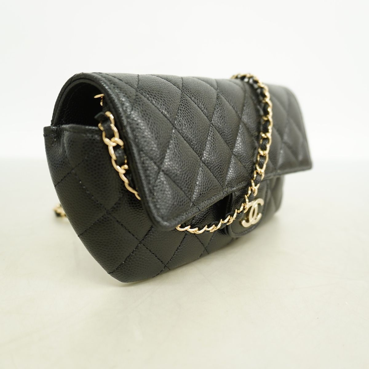 Chanel Shoulder Bag Quilted Caviar Leather Black Champagne Gold — view 2