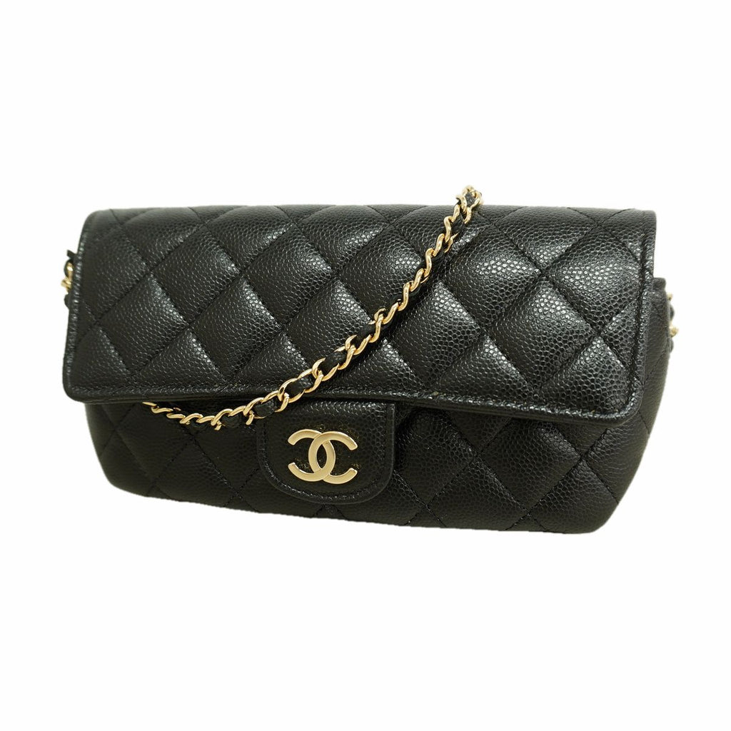Chanel Shoulder Bag Quilted Caviar Leather Black Champagne Gold