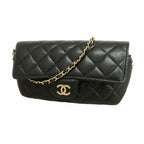 Chanel Shoulder Bag Quilted Caviar Leather Black Champagne Gold