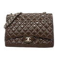 Chanel Shoulder Bag Maxi Quilted Patent Leather Brown Silver