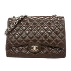 Chanel Shoulder Bag Maxi Quilted Patent Leather Brown Silver