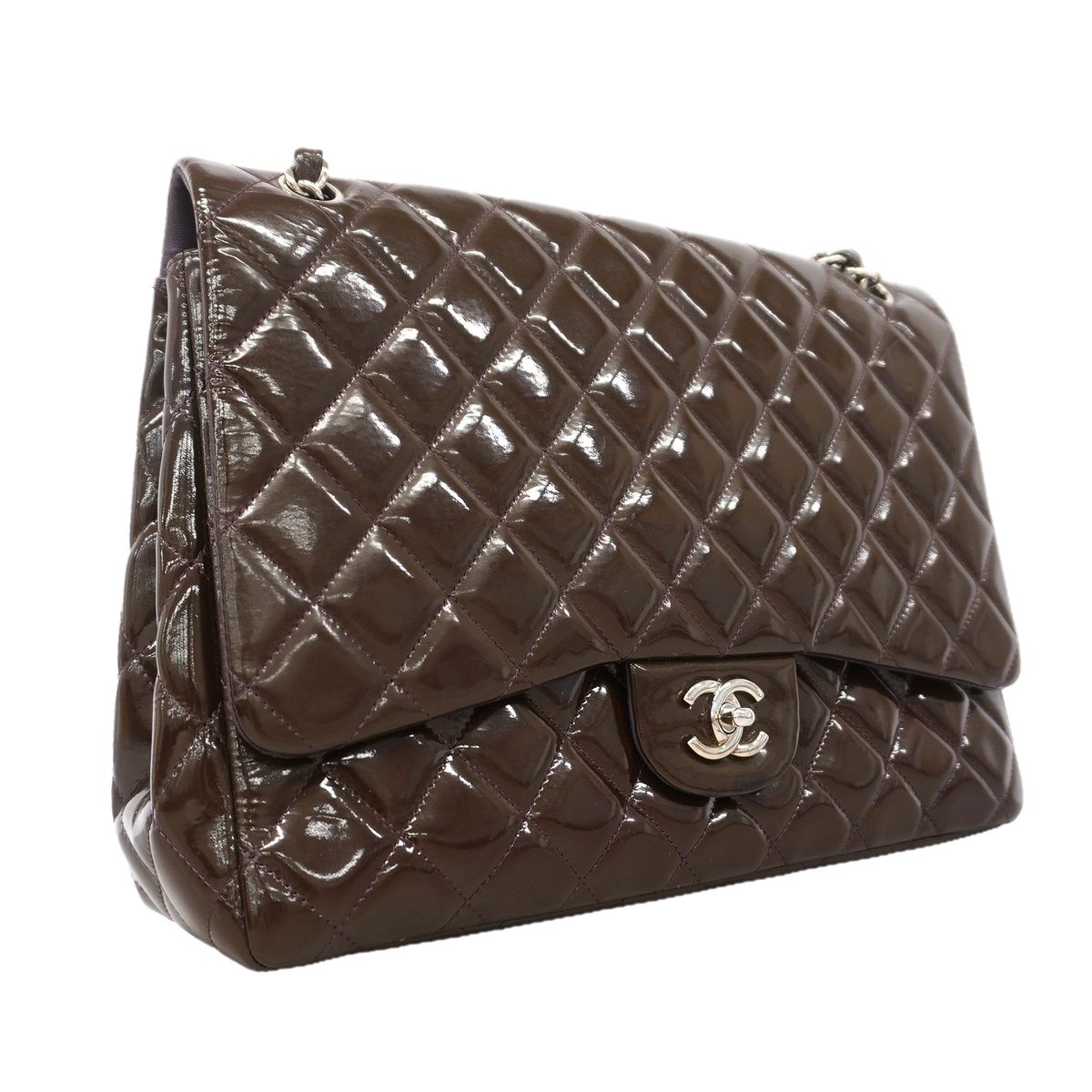 Chanel Shoulder Bag Maxi Quilted Patent Leather Brown Silver — view 2