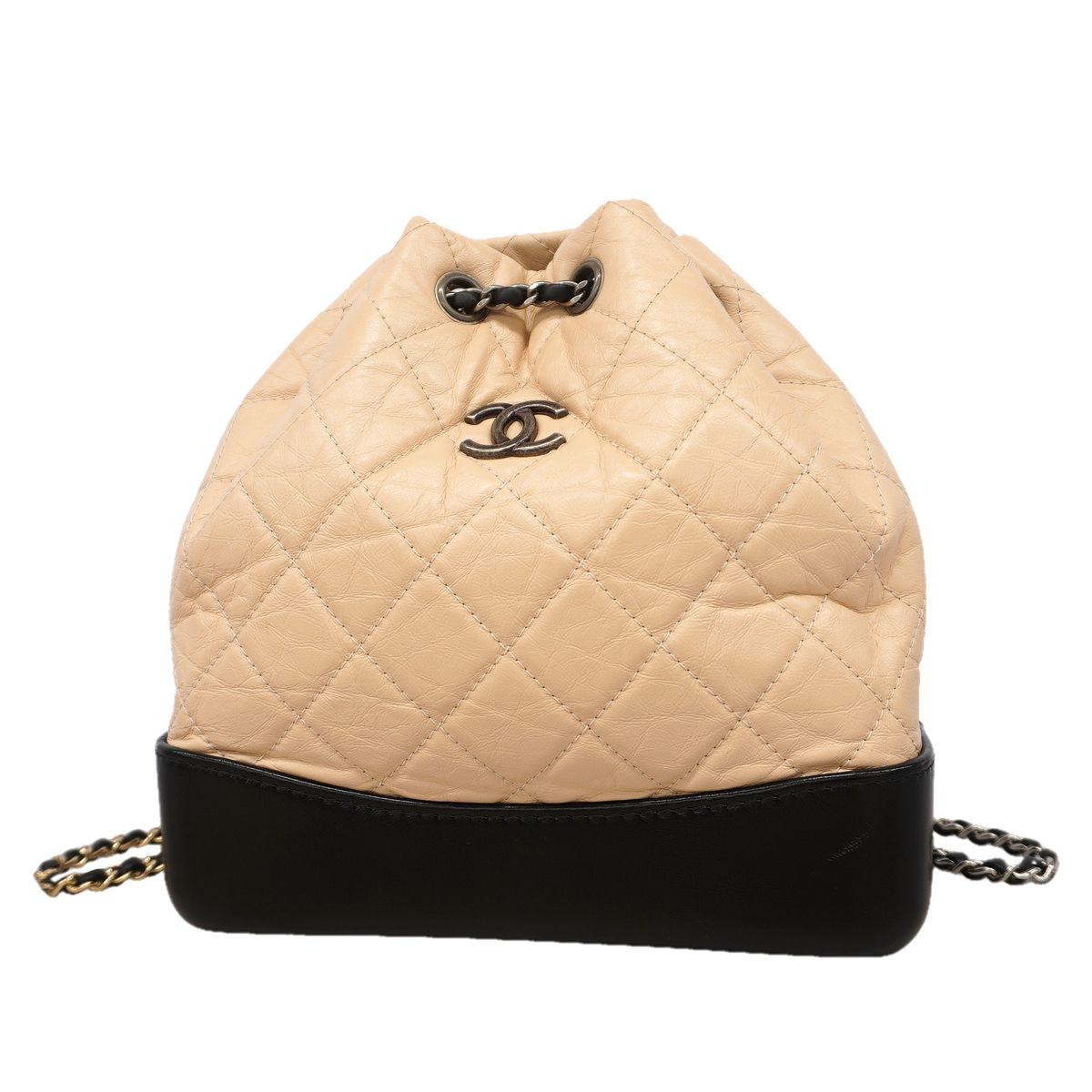 Chanel Backpack Gabrielle Leather Beige Black Gold Silver