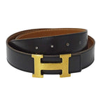 Hermes Belt H Leather Black Brown Gold Reversible