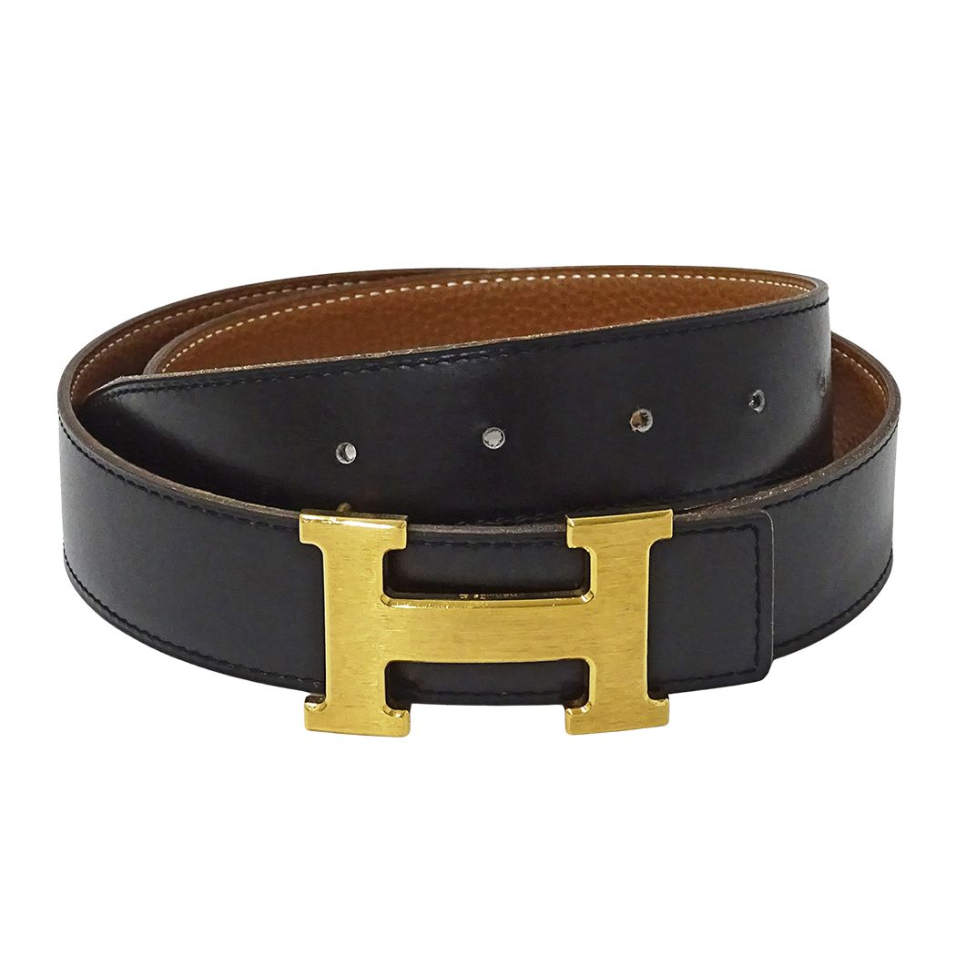 Hermes Belt H Leather Black Brown Gold Reversible