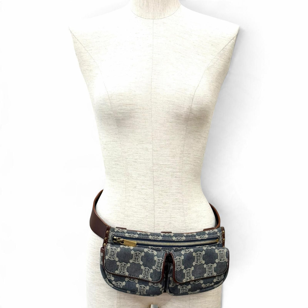 Celine Vintage Macadam Pattern with Studs Leather Denim Belt Bag Indigo — view 2