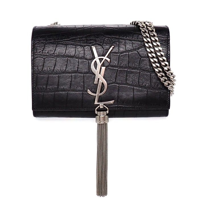 Saint Laurent Shoulder Bag Kate Tassel Mini Black Crocodile Embossed Leather