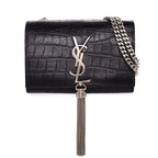 Saint Laurent Shoulder Bag Kate Tassel Mini Black Crocodile Embossed Leather