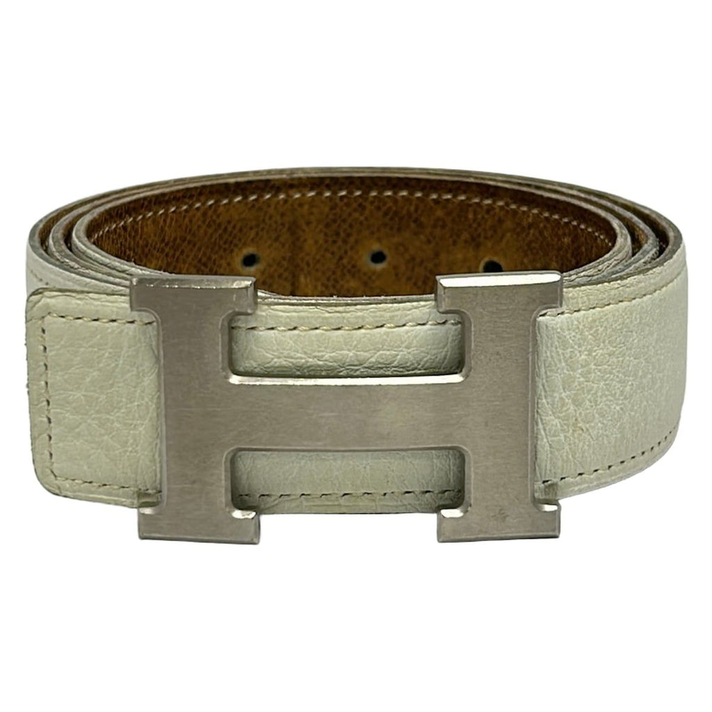 Hermes Belt S H White Brown Silver Reversible Leather