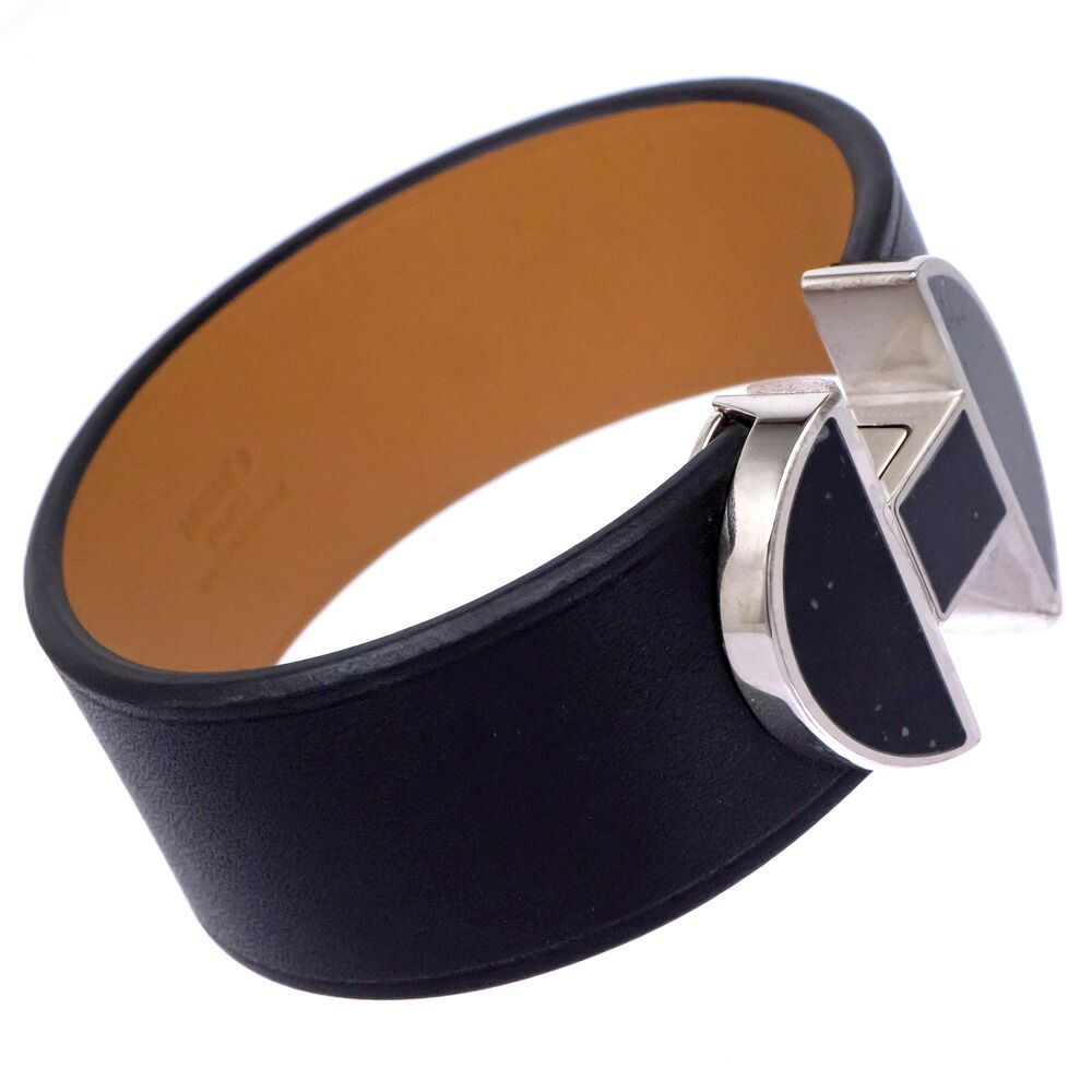 Hermes Leather Bracelet Black T3 Bangle — view 2