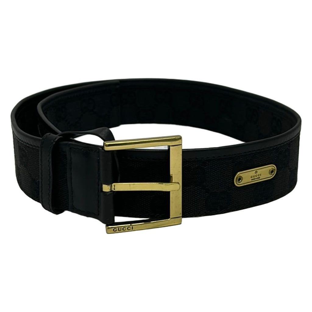 Gucci Belt 70 28 GG Pattern Black Gold Leather
