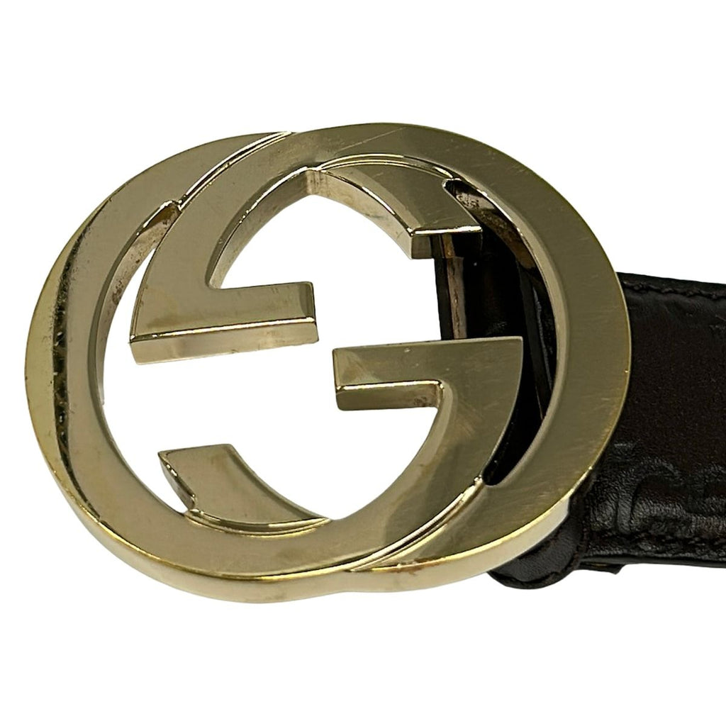Gucci Belt 85 34 Dark Brown Gold Guccissima Line Interlocking G Leather — view 3